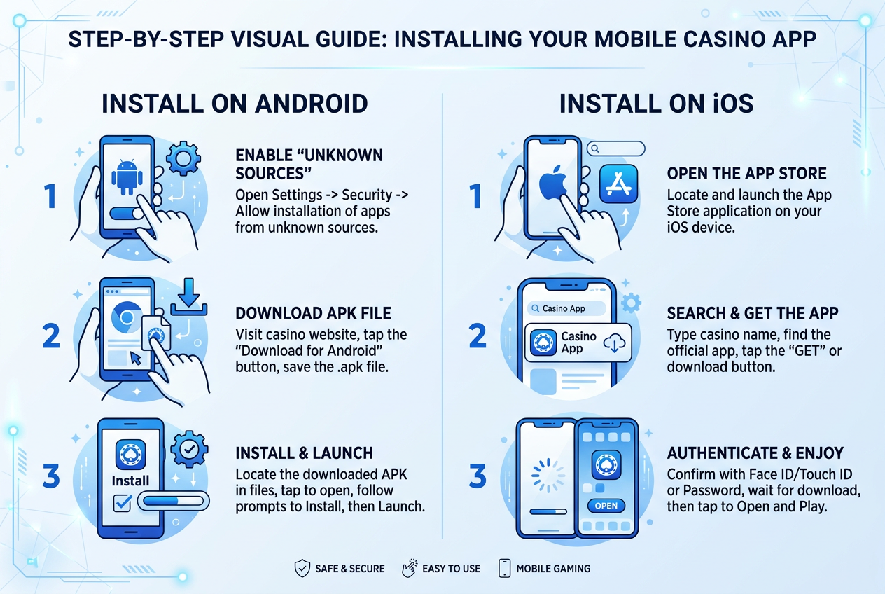 Instrukcja graficzna instalacji aplikacji kasynowej na systemach Android i iOS